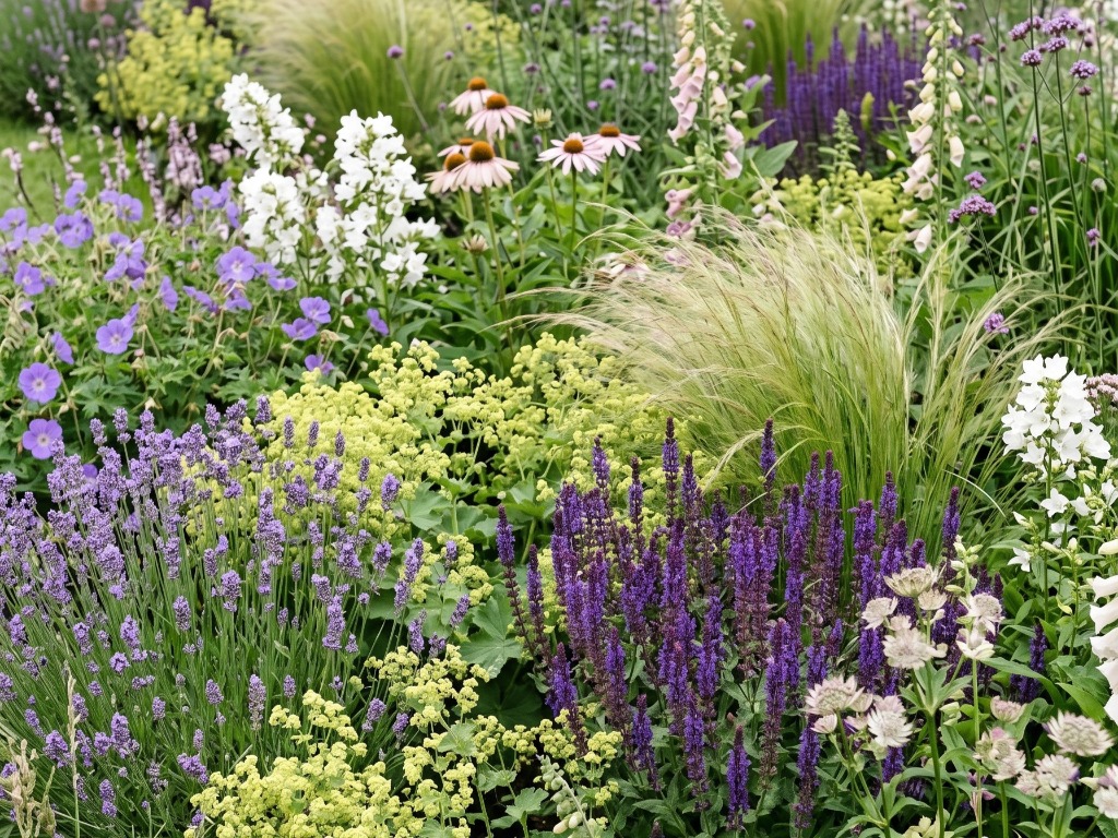 Weelderige plantenborder met bloeiende vaste planten en siergrassen