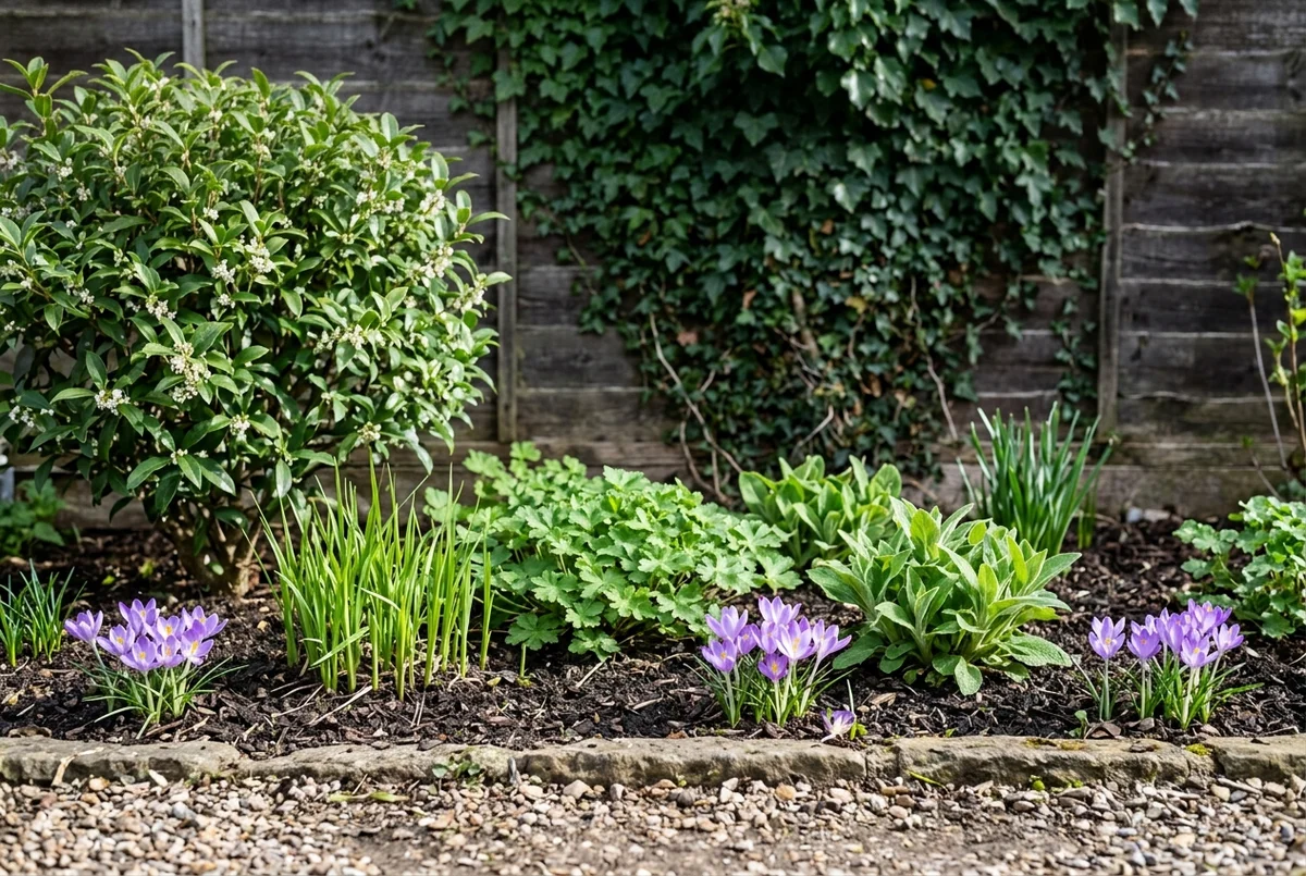1x3 meter border in het voorjaar met bloeiende krokussen en fris groen blad