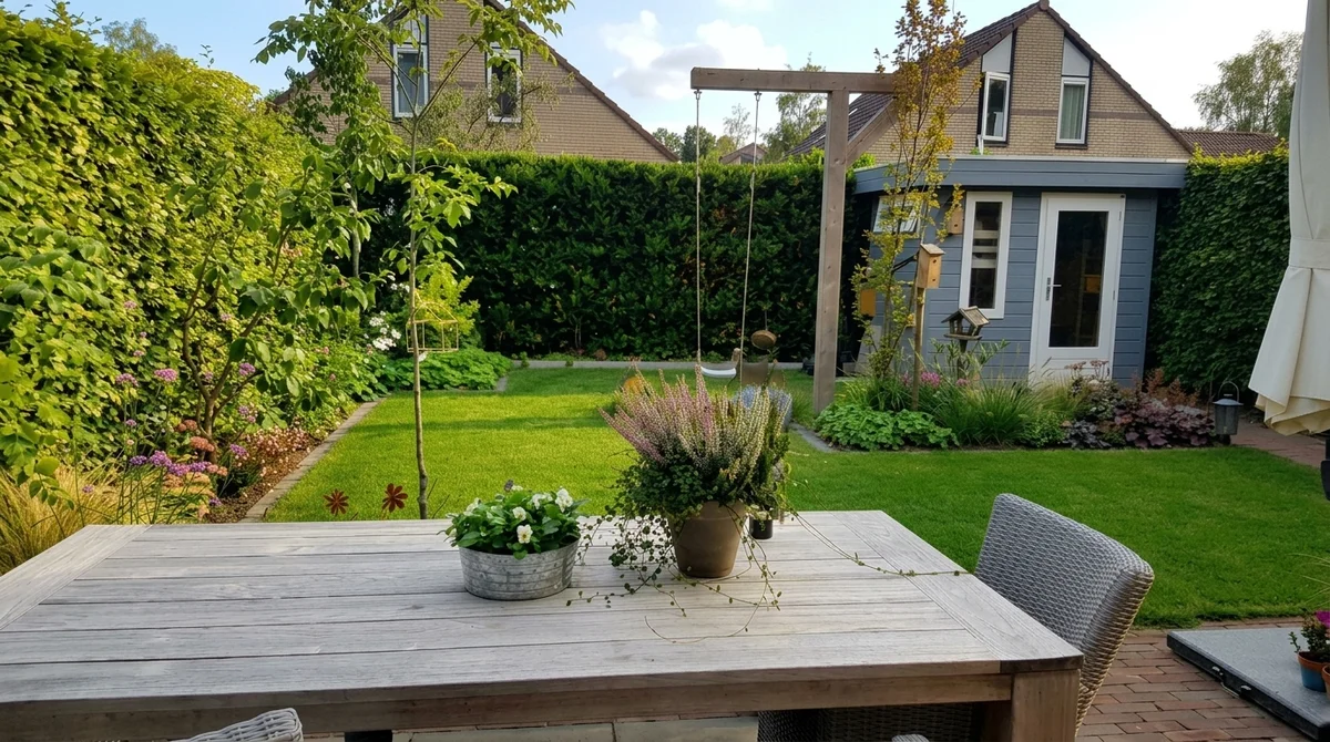 De bestaande tuin met eettafel op het terras, gazon, houten schommel en schuurtje