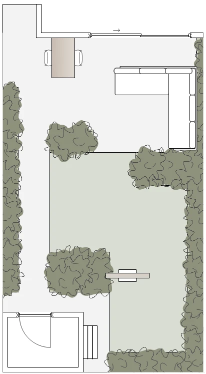 Plattegrond optie 2: functies omgedraaid met hoekbank op het grote terras en eethoek links