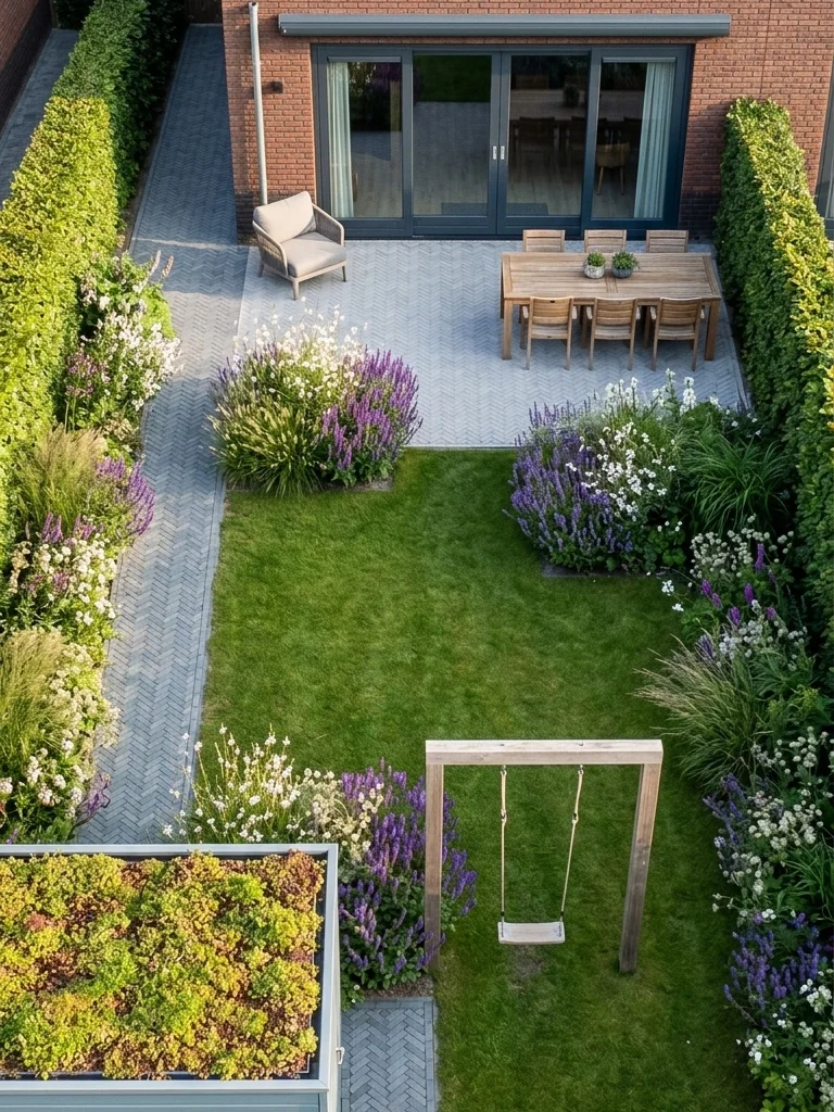 3D-visualisatie van de bestaande tuin met eettafel op het terras