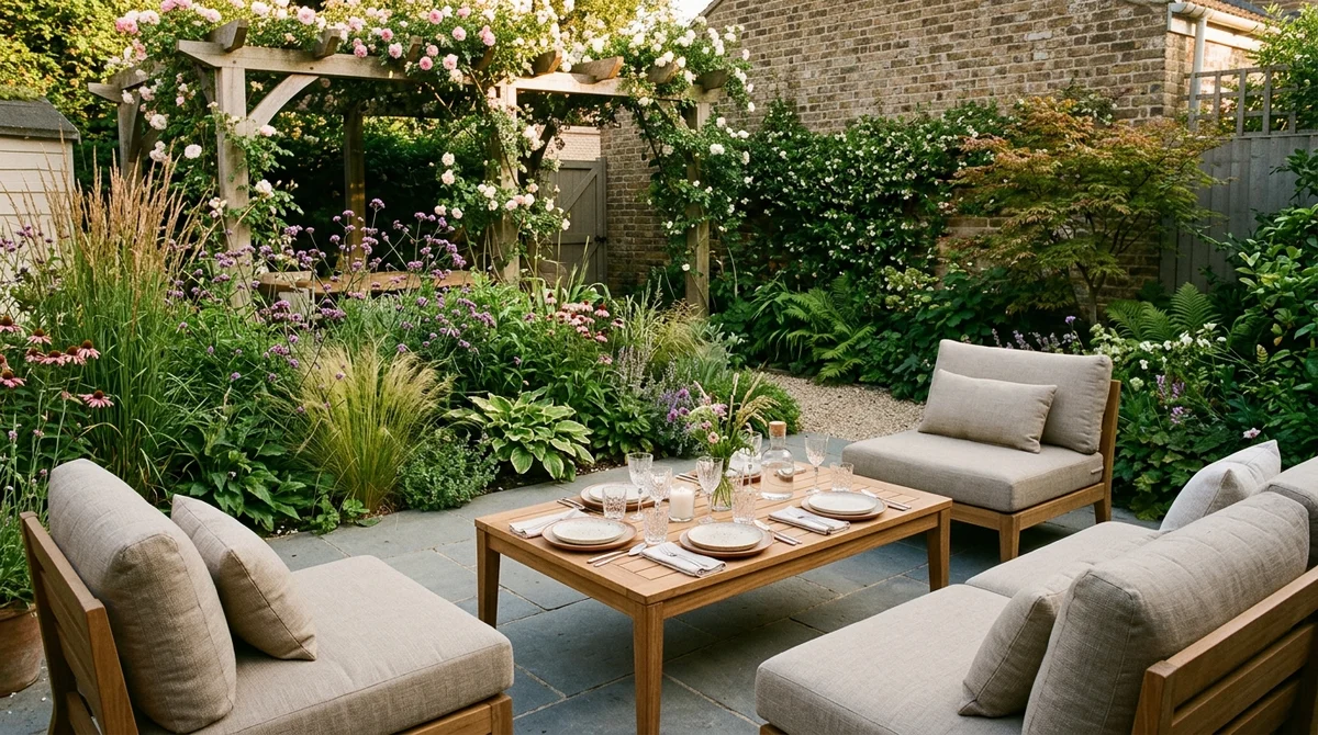 Low dining opstelling met een halfhoge eettafel en comfortabele loungefauteuils op een terras