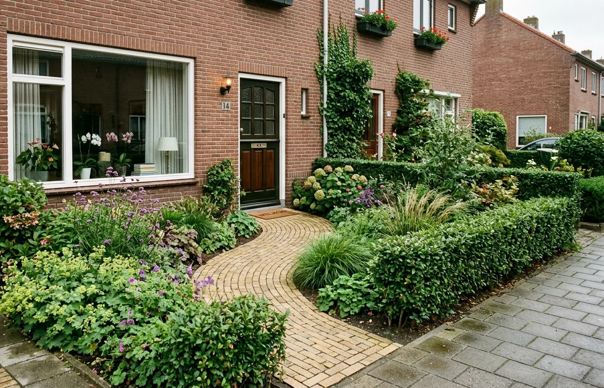 Organisch gebogen pad van beige klinkers tussen rustige borders met siergrassen en bodembedekkers in een compacte voortuin