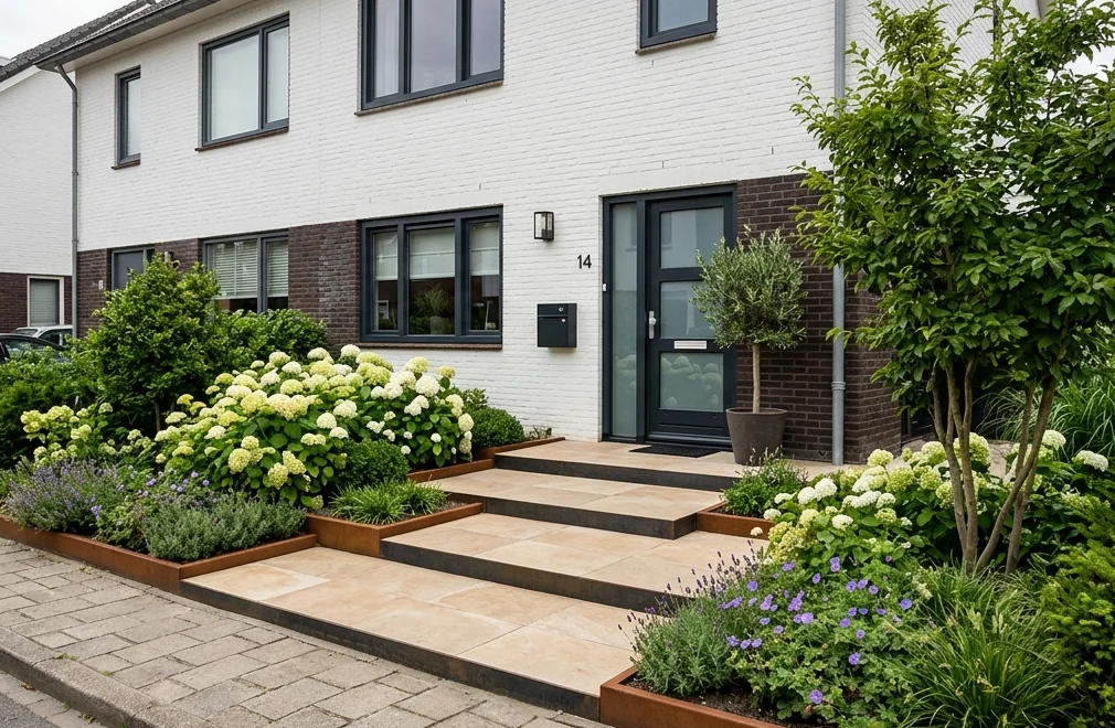 Verspringende verhoogde tegelplateaus en verhoogde cortenstalen borders in een compacte voortuin van een twee-onder-een-kapwoning