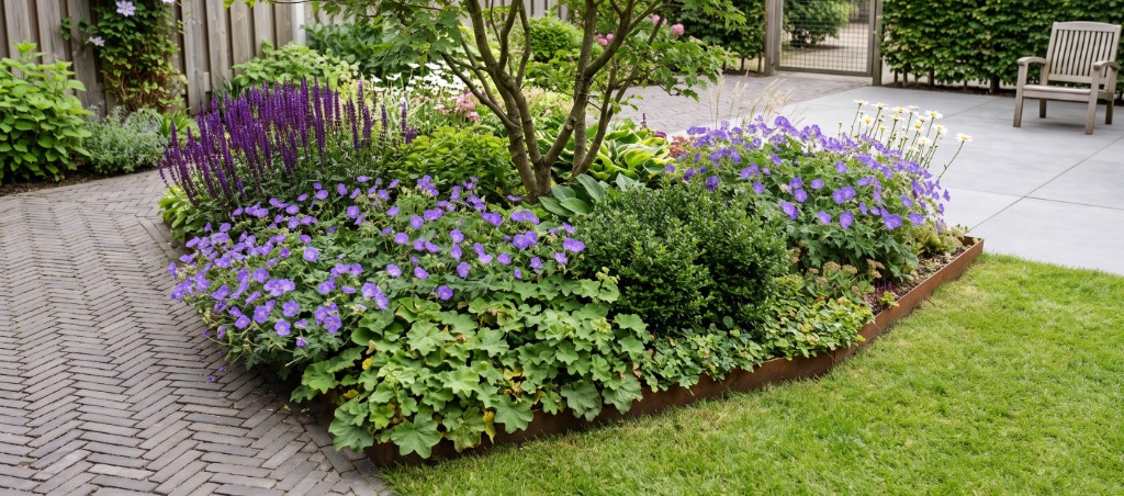 Border in de tuin met bloeiende planten en een boom