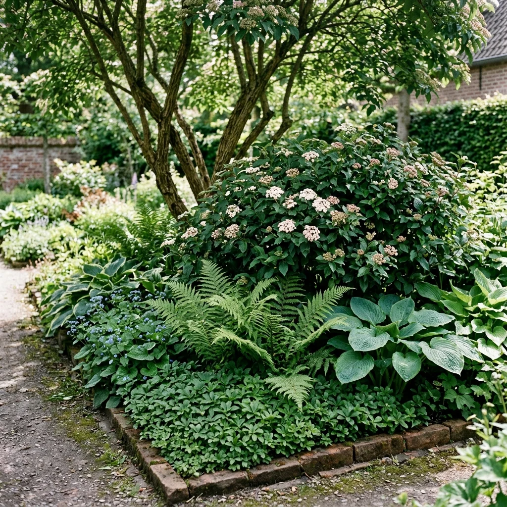 Gelaagde beplanting in een tuinborder met een meerstammige boom, Viburnum tinus, vaste schaduwplanten en bodembedekkers