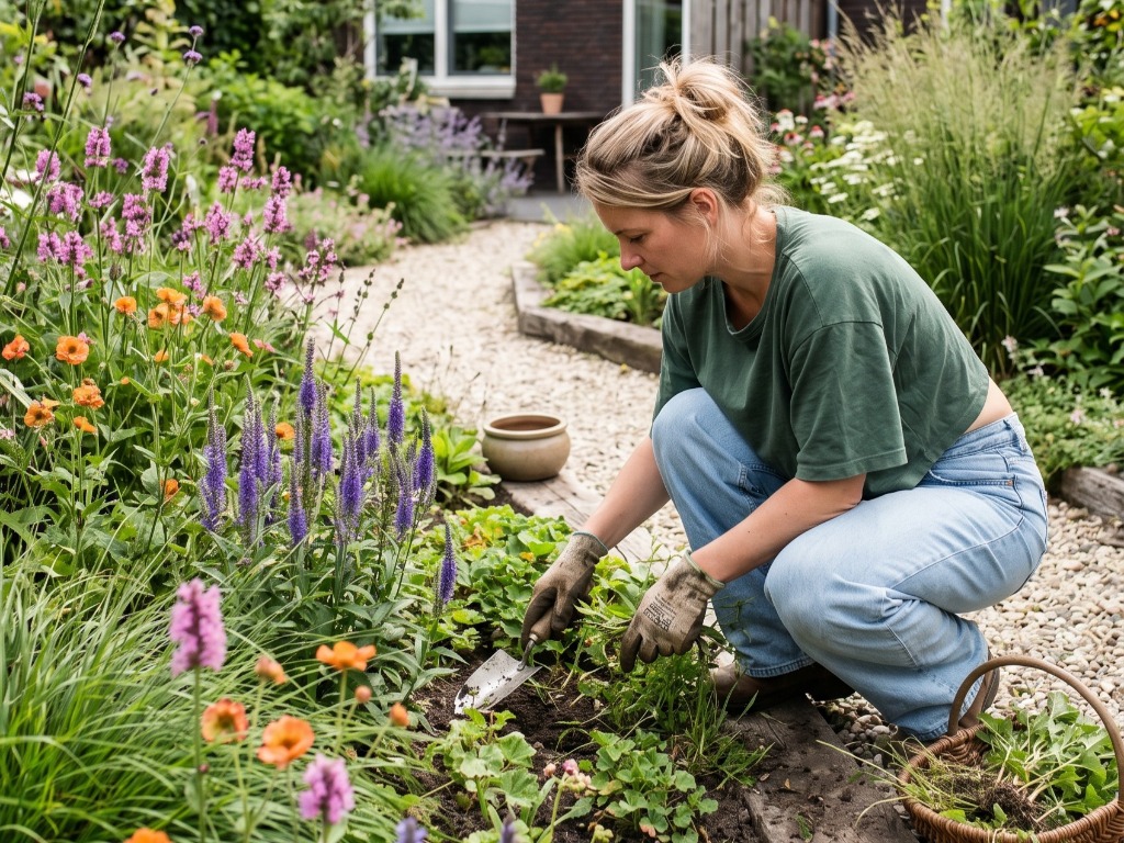 Vrouw die in een weelderige plantenborder tuiniert als onderdeel van de onderhoudsplanner