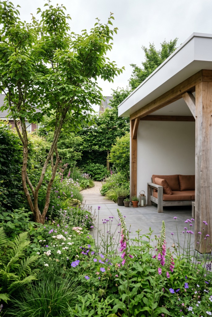 Sfeervolle groene tuin met terras en loungehoek onder een houten overkapping