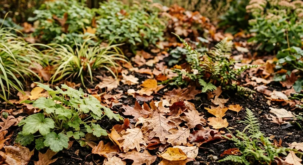 Afgevallen herfstbladeren als natuurlijke bescherming en voeding in de border