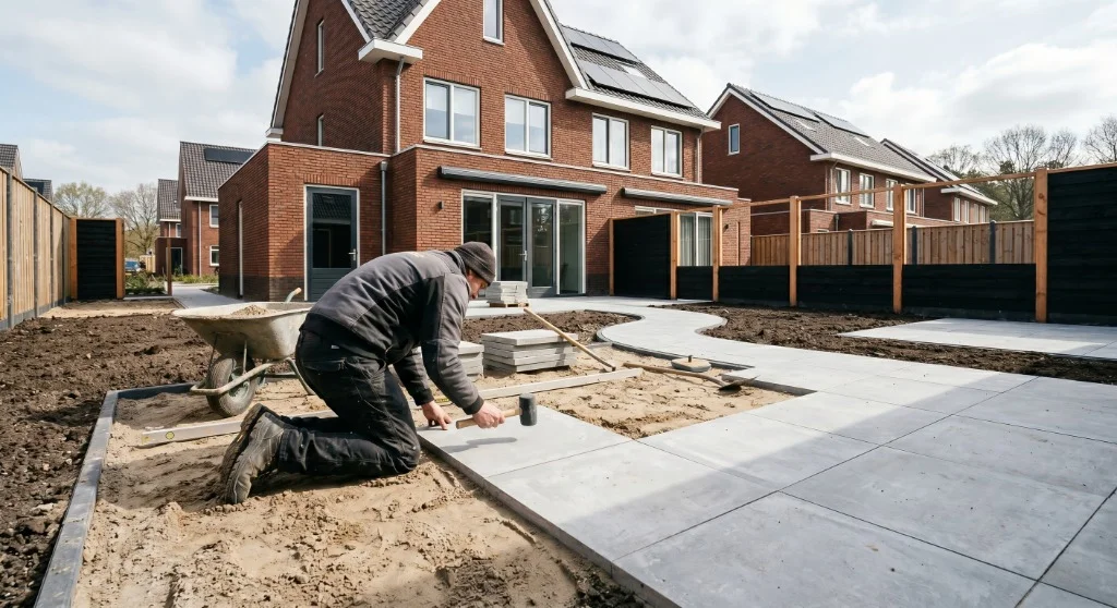 Hovenier die werkzaamheden uitvoert voor de tuinaanleg