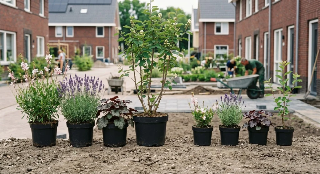 Formaatverschil tussen grote vaste planten en kleine P9-potjes in een nieuwbouwtuin