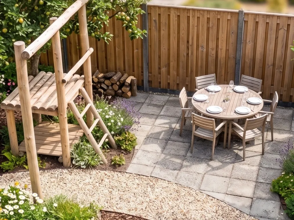 3D impressie van het terras en de eethoek in de tuin