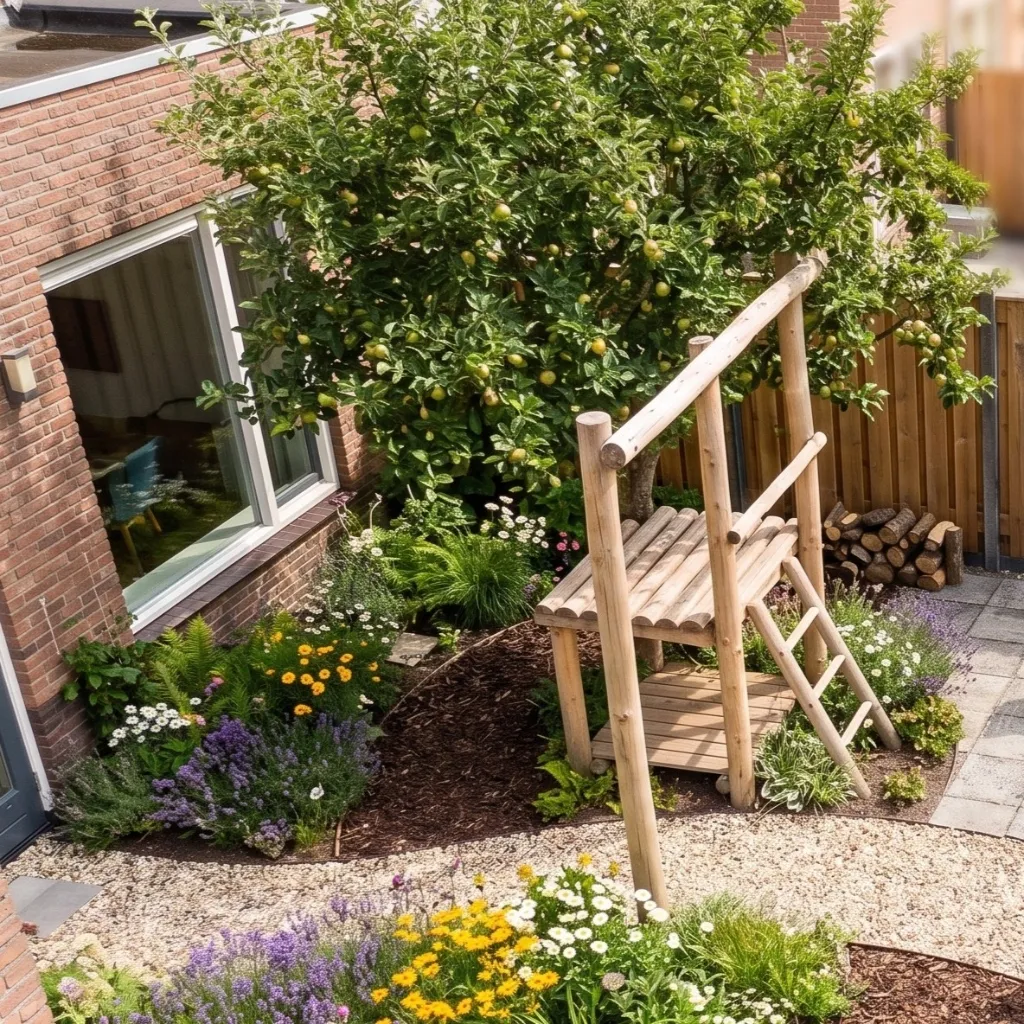 3D impressie van de speelplek onder de pergola en de beplanting