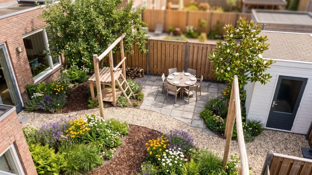 3D impressie van het complete tuinontwerp met terras en beplanting