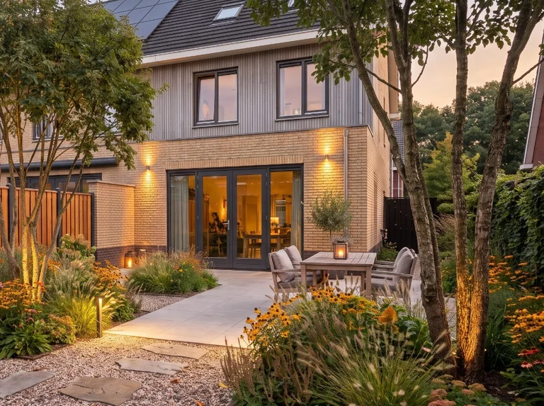 Sfeervol aangelegde groene tuin met verlichting, terras en weelderige beplanting