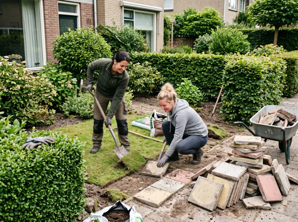 Twee vrouwen die zelf tegels en graszoden verwijderen in de tuin