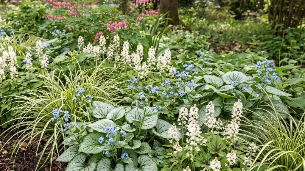 Kaukasisch vergeet-me-nietje, tiarella en gebroken hartje in de halfschaduw