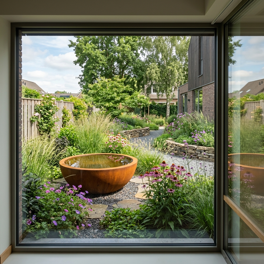 Focuspunt in de tuin: een cortenstalen waterschaal in een border, gezien vanuit het huis