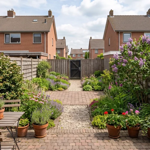 Tuinontwerp met verspringende bestrating en borders
