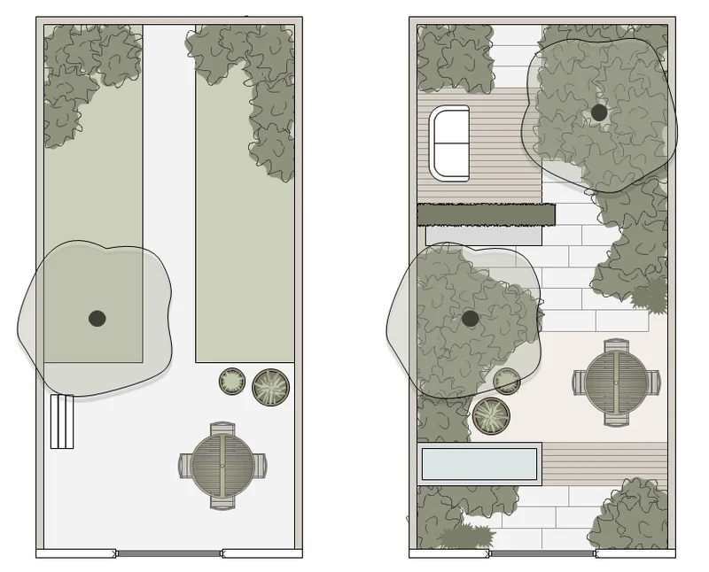 2D tuinontwerp met verspringende terrassen en beplanting in een smalle diepe tuin