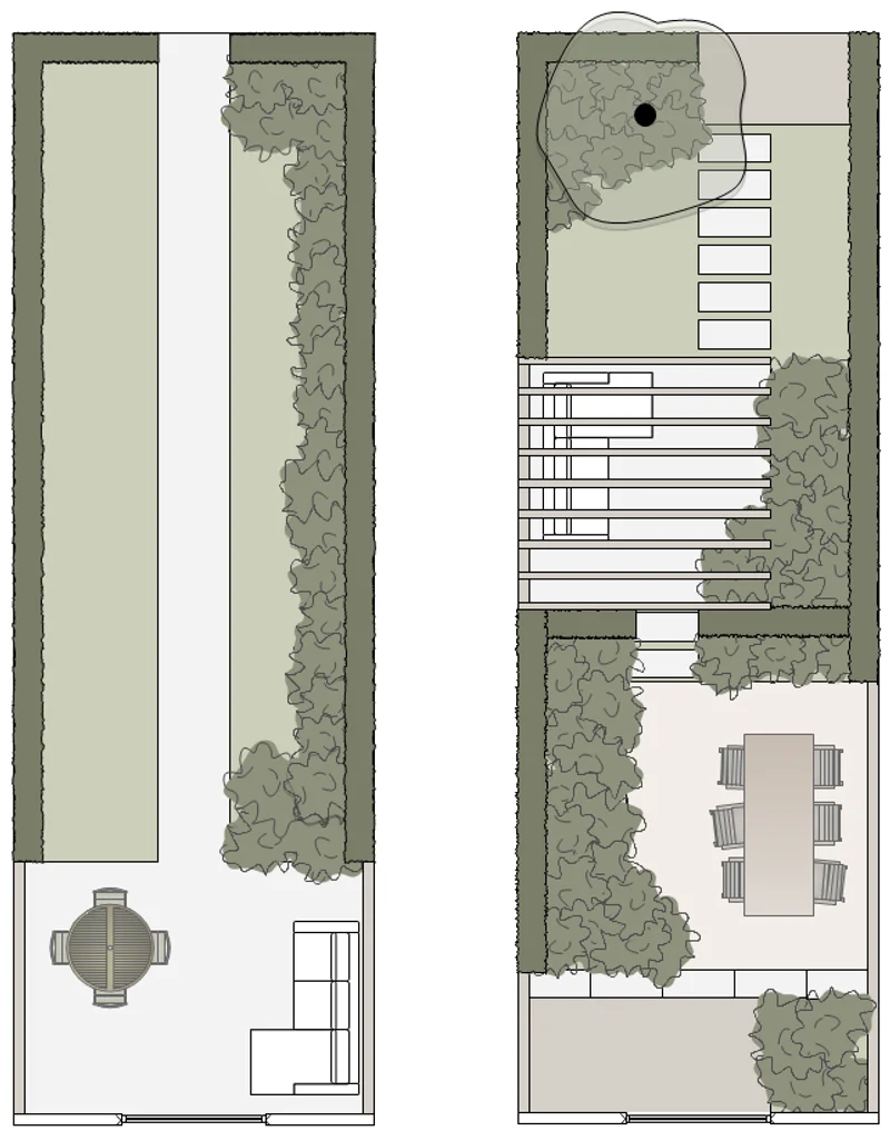 2D tuinontwerp van een smalle diepe tuin met functionele zones