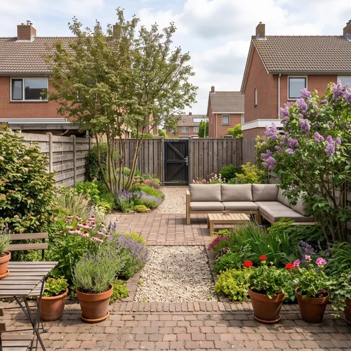 Tuinontwerp met loungebank en bomen