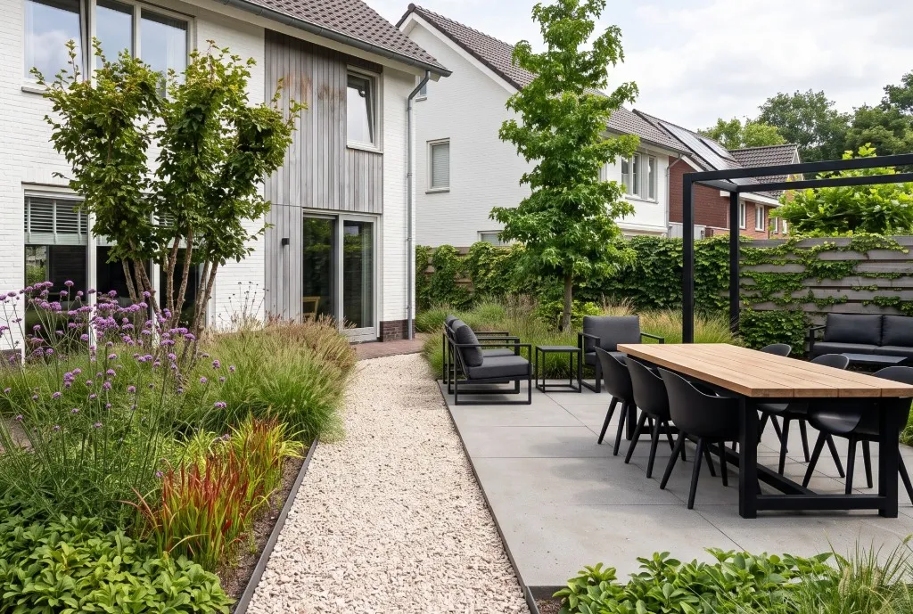 Modern industrieel terras met houten tafel en borders vol siergrassen en paarse bloemen