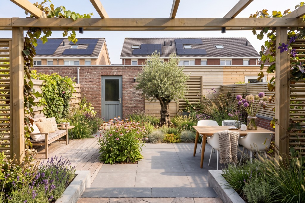 Tuinkamers in de tuin: een eetplek en een loungehoek gescheiden door prairiebeplanting